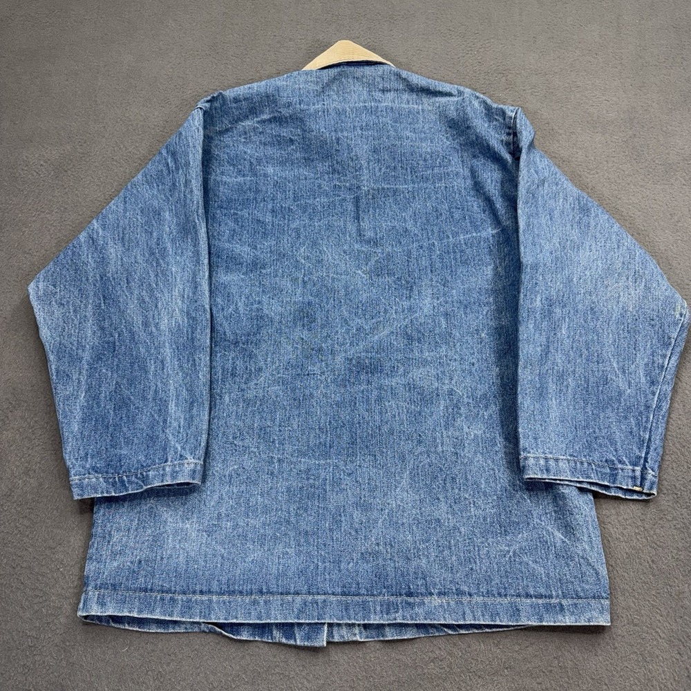 Vtg 80s Denim Chore Coat Sz L Stuffed Shirt Denim Corduroy Collar‎ Barn Jacket - Picture 2 of 13